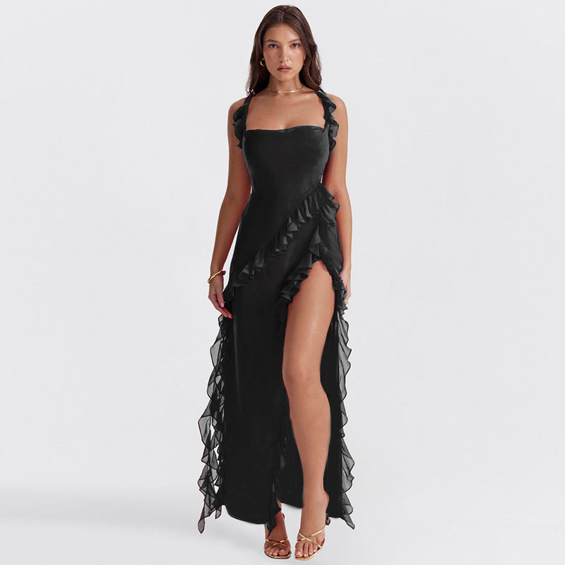 Abito Ruffle Split Maxi | Scollo Quadrato, Senza Maniche, Orlo Drappeggiato