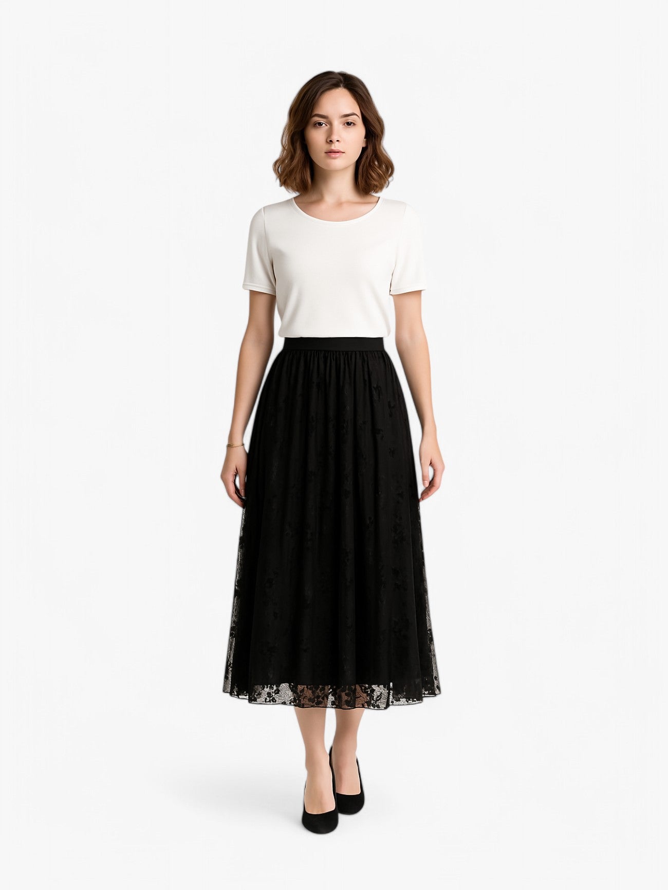 Gonna Midi Plissettata | Overlay in Mesh Floreale | Silhouette A-line