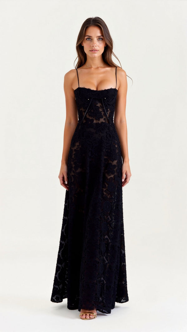 Abito Naya Pizzo Maxi | Sovrapposizione Trasparente | Spaghetti Straps