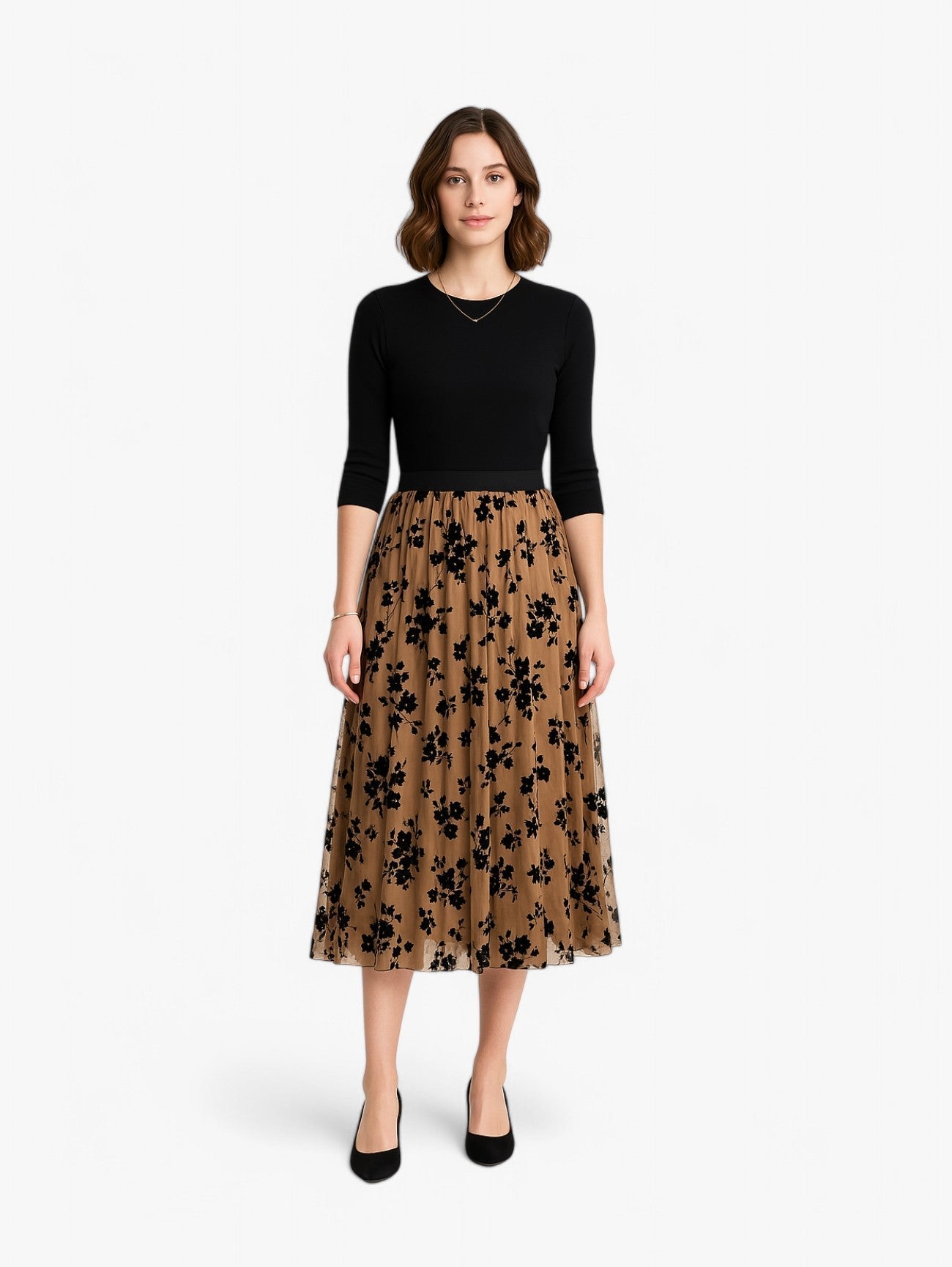 Gonna Midi Plissettata | Overlay in Mesh Floreale | Silhouette A-line