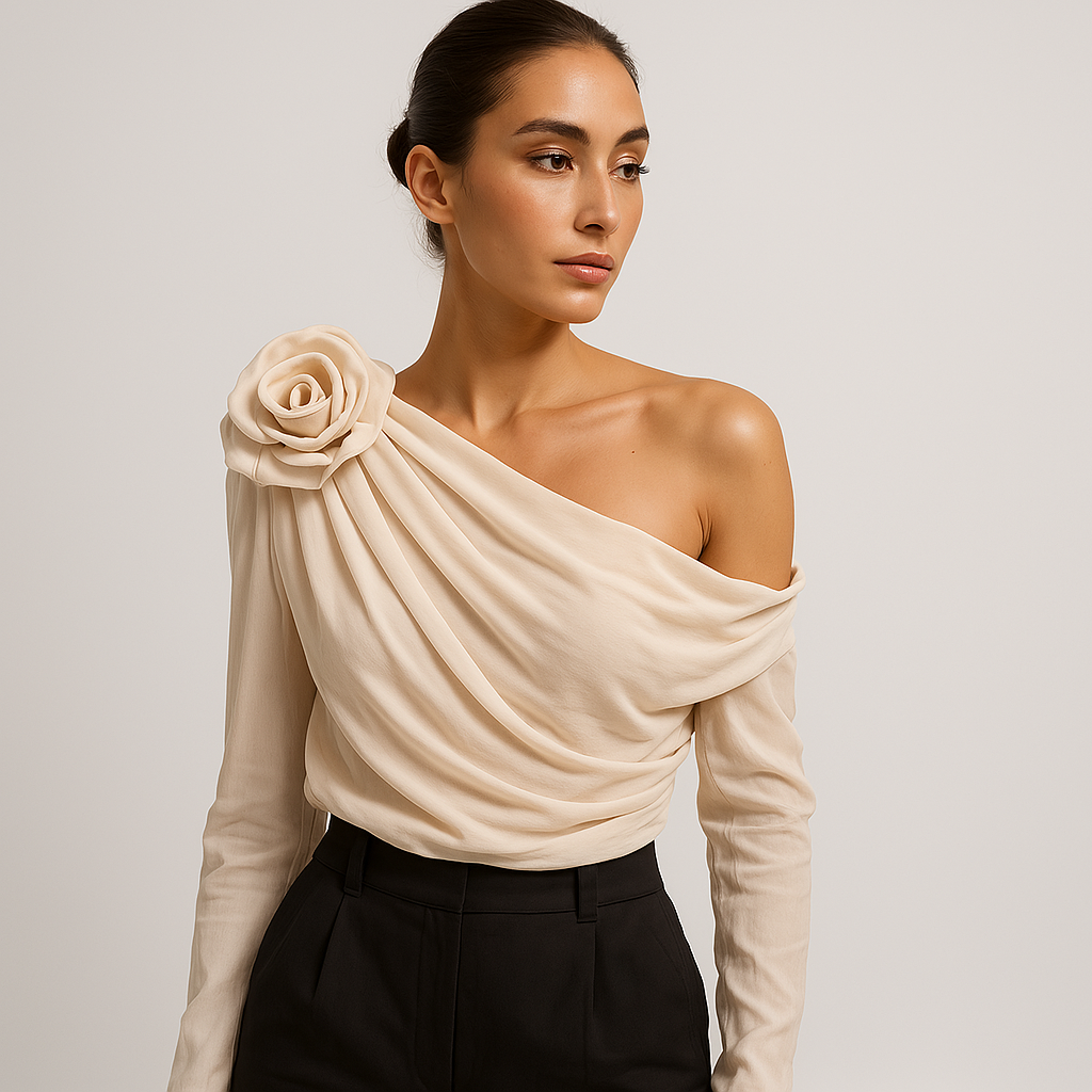 Blusa Asimmetrica Drappeggiata | Dettaglio 3D Fiori