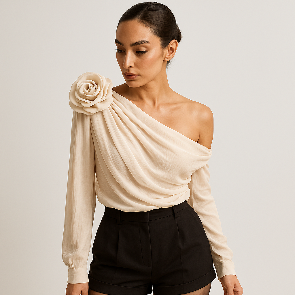 Blusa Asimmetrica Drappeggiata | Dettaglio 3D Fiori