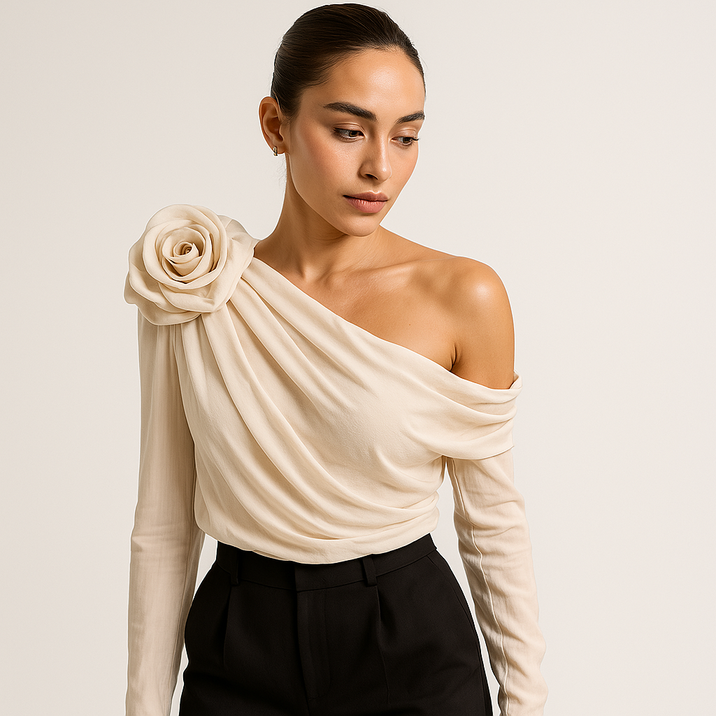 Blusa Asimmetrica Drappeggiata | Dettaglio 3D Fiori