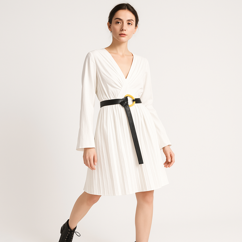 Abito Lina Plissettato | Cintura Contrasto Bianca | Eleganza Moderna
