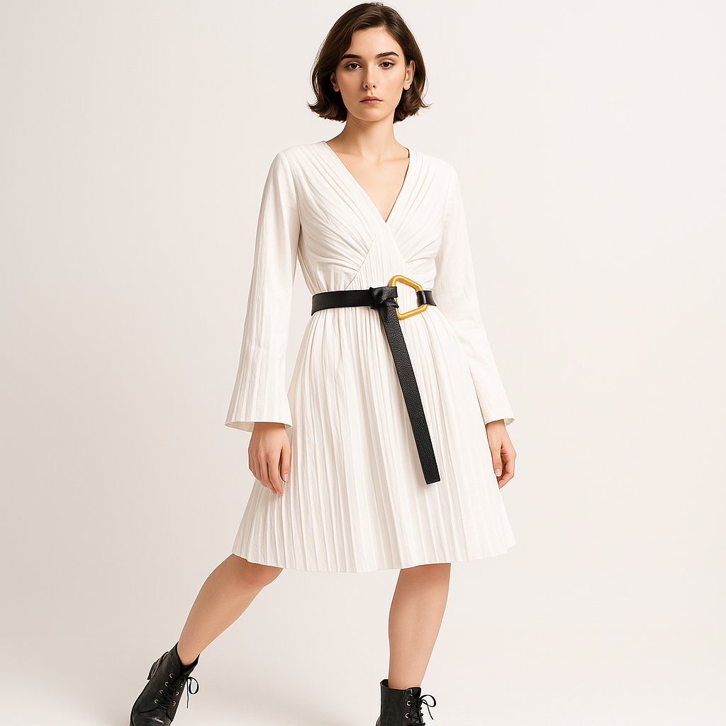 Abito Lina Plissettato | Cintura Contrasto Bianca | Eleganza Moderna