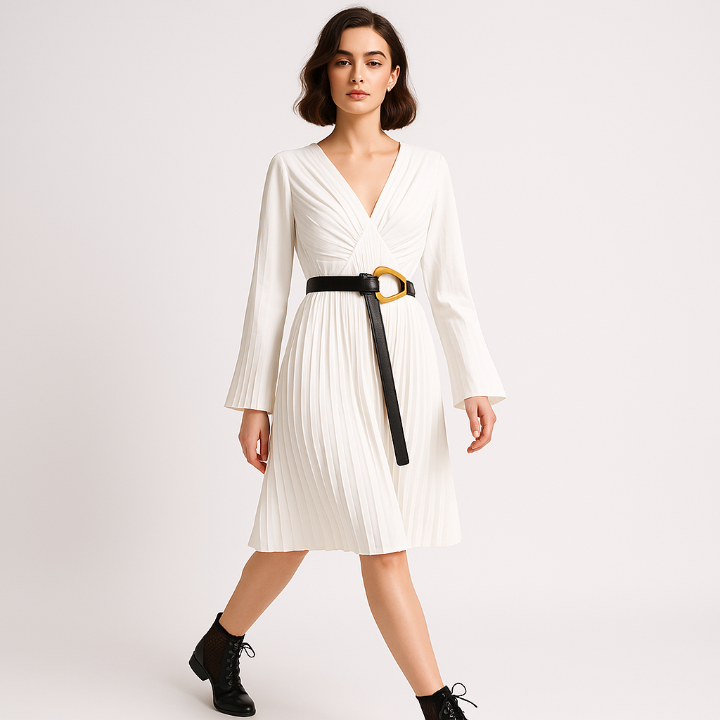 Abito Lina Plissettato | Cintura Contrasto Bianca | Eleganza Moderna