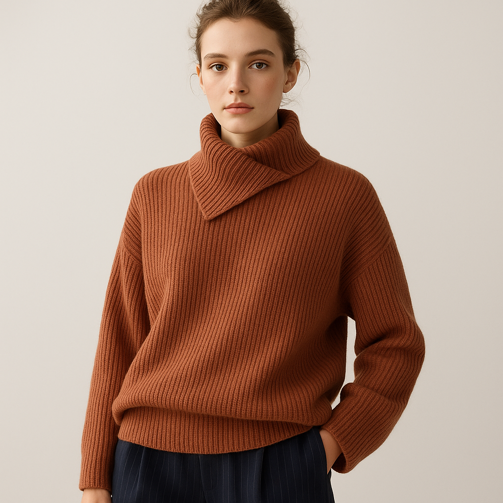 Maglione in Lana a Coste | Collo Alto Asimmetrico | Fit Comodo