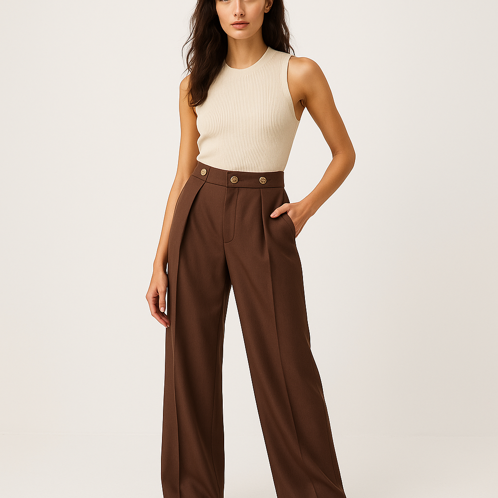 Pantaloni Alti a Gamba Larga | Dettaglio Bottone Oro | Silhouette Moderna Tailored