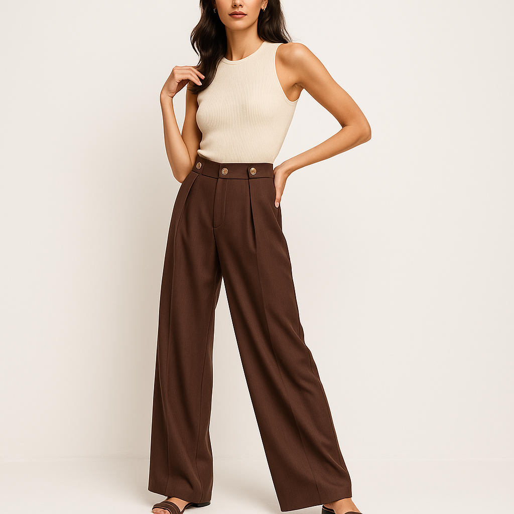 Pantaloni Alti a Gamba Larga | Dettaglio Bottone Oro | Silhouette Moderna Tailored