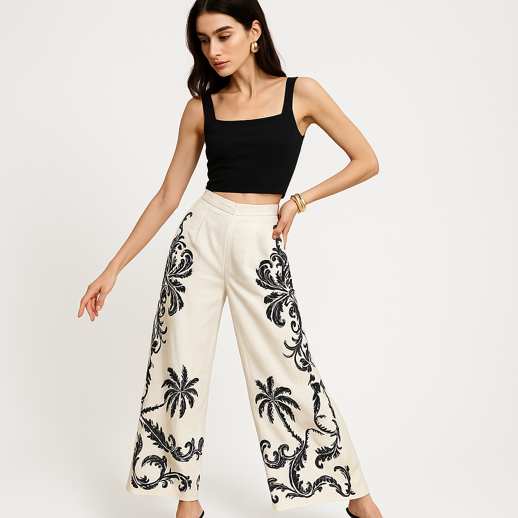 Pantaloni largo tropicali con stampa nera su base avorio