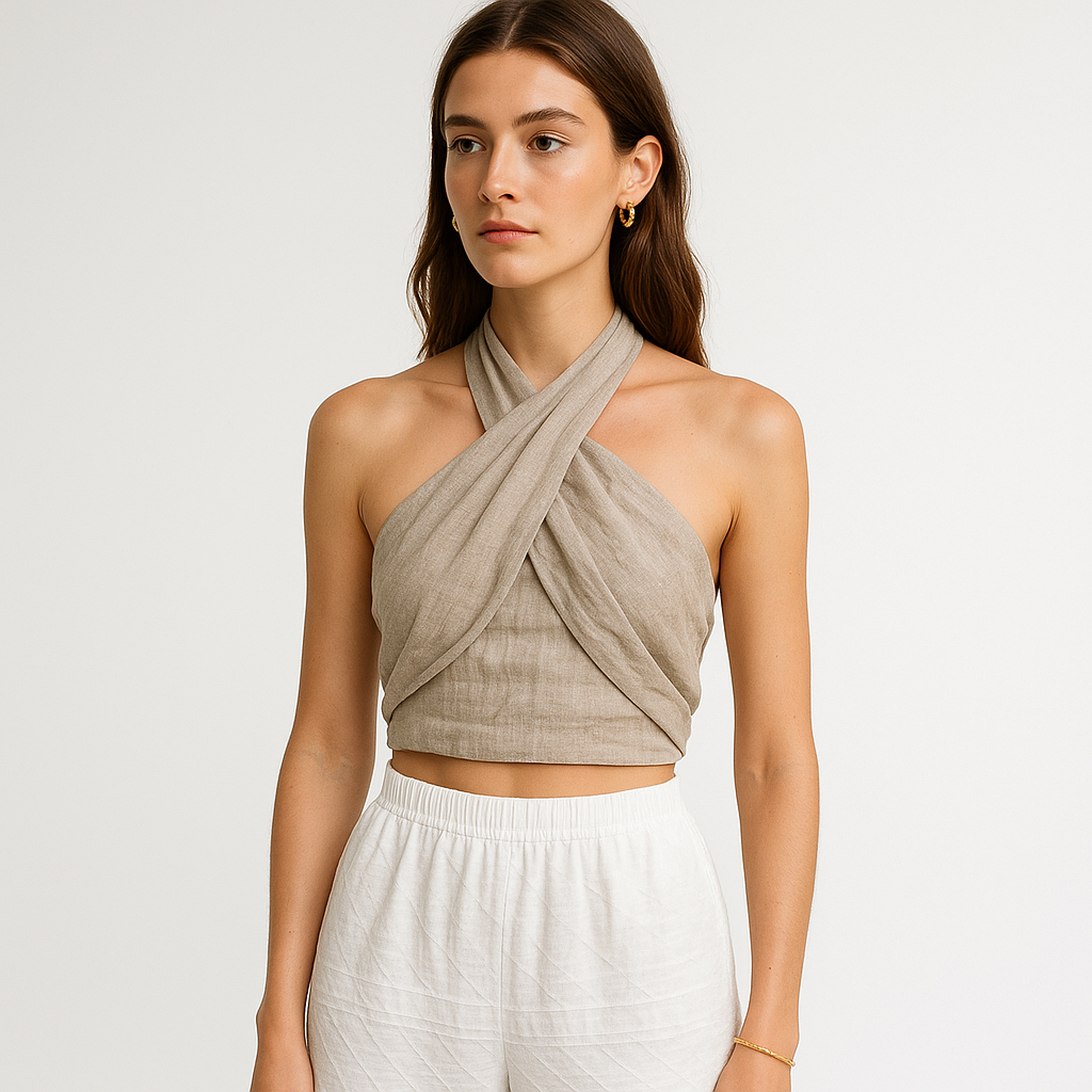 Top Cropped in Lino Incrociato | Fronte Drappeggiato | Vestibilità Cropped