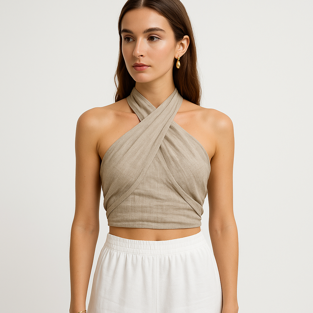 Top Cropped in Lino Incrociato | Fronte Drappeggiato | Vestibilità Cropped