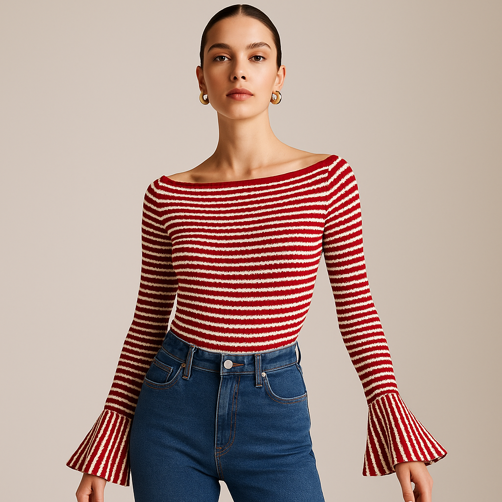 Top a Righe in Maglia Rib-Knit | Senza Spalle | Maniche Svasate