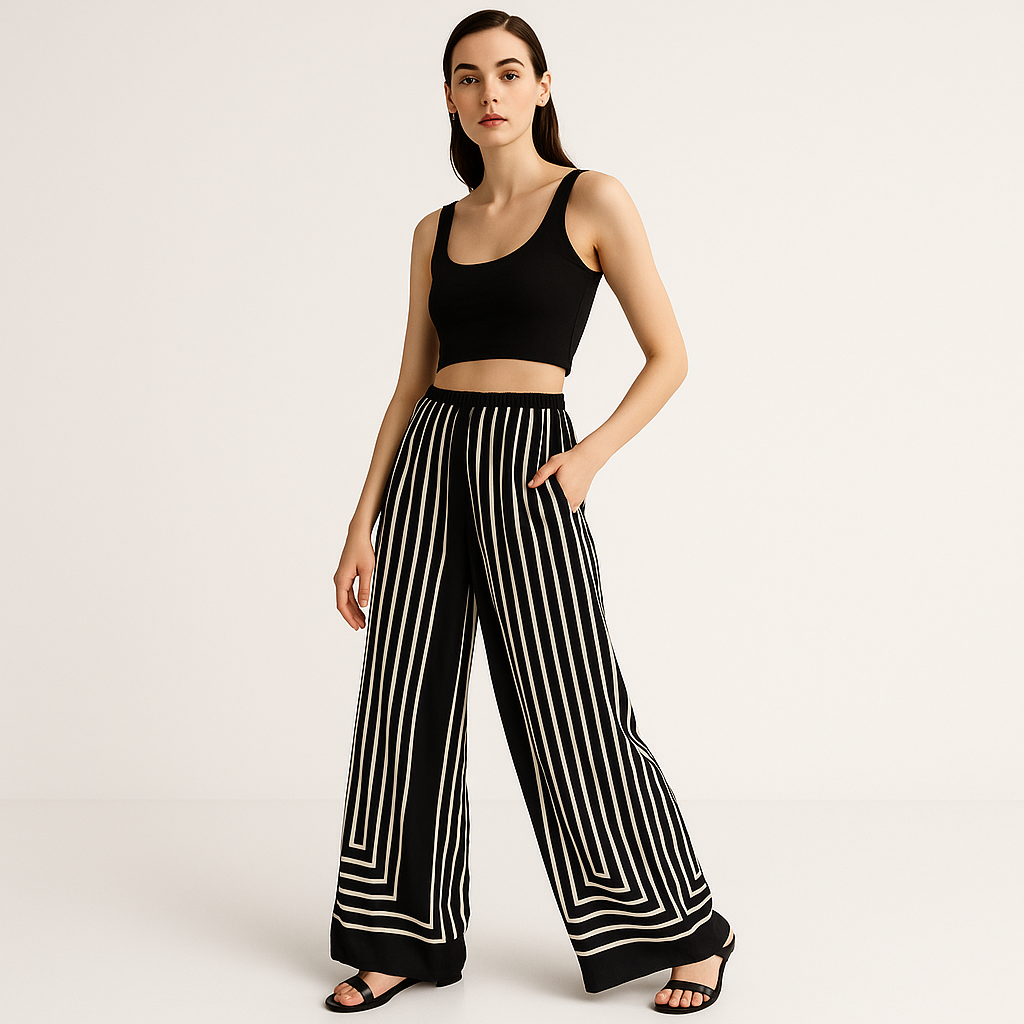 Pantaloni Largo in Seta | Strisce Geometriche | Look Moderno