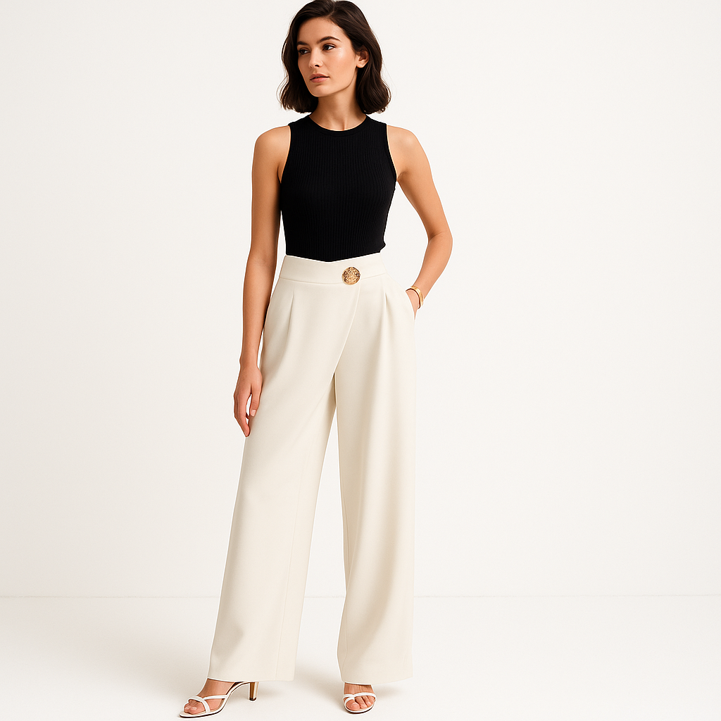 Pantaloni Alti in Vita | Dettaglio Bottone Oro | Silhouette Fluida e Raffinata