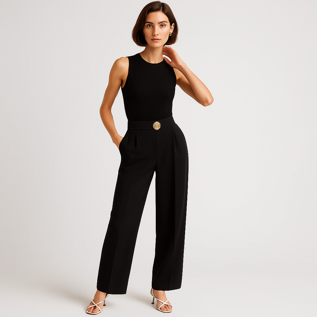 Pantaloni Alti in Vita | Dettaglio Bottone Oro | Silhouette Fluida e Raffinata