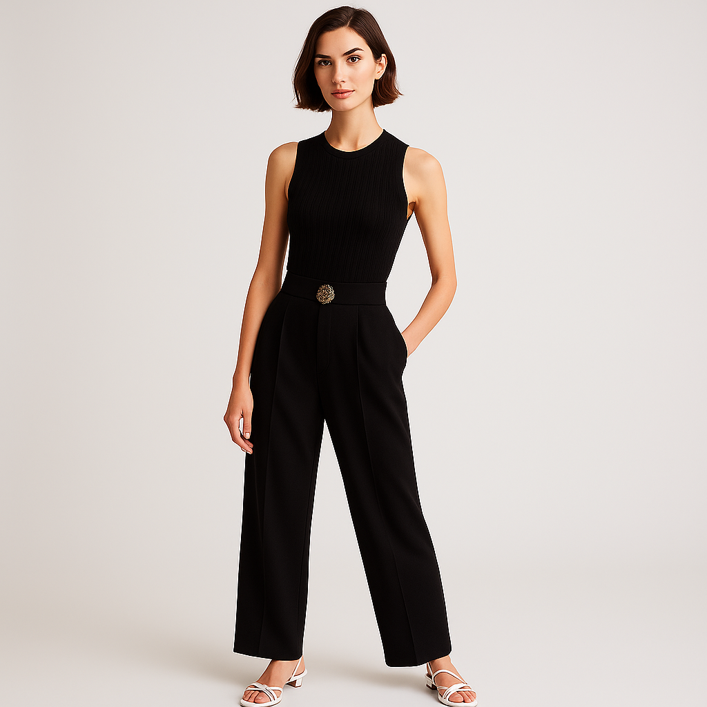 Pantaloni Alti in Vita | Dettaglio Bottone Oro | Silhouette Fluida e Raffinata