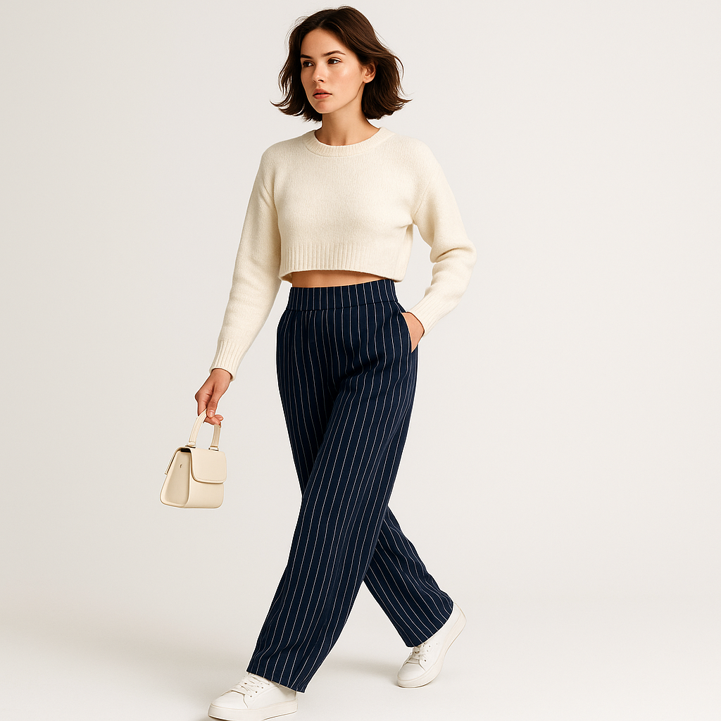 Pantaloni relaxati a righe blu navy con vita elastica