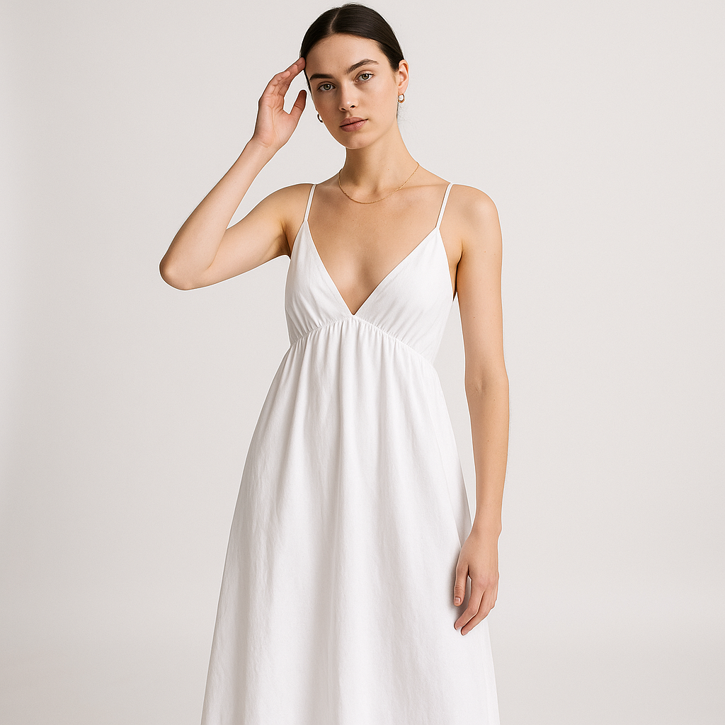 Abito midi in cotone con scollo a V e spalline regolabili