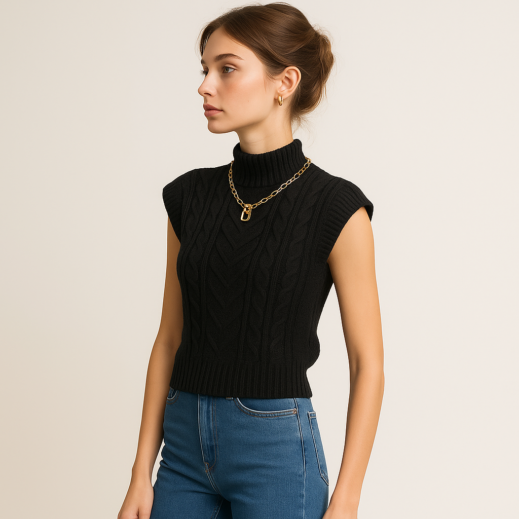 Maglione Senza Maniche in Maglia a Cavo | Collo Alto