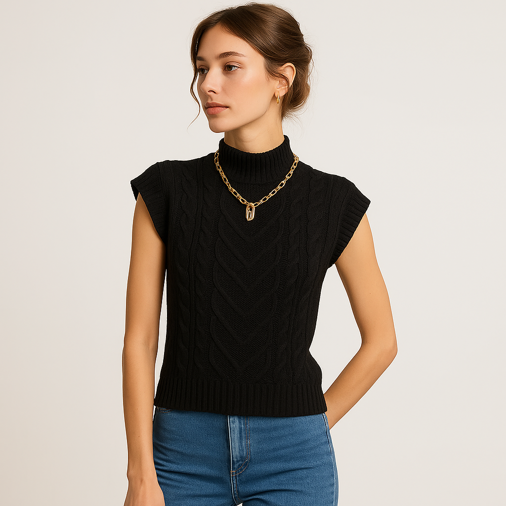 Maglione Senza Maniche in Maglia a Cavo | Collo Alto