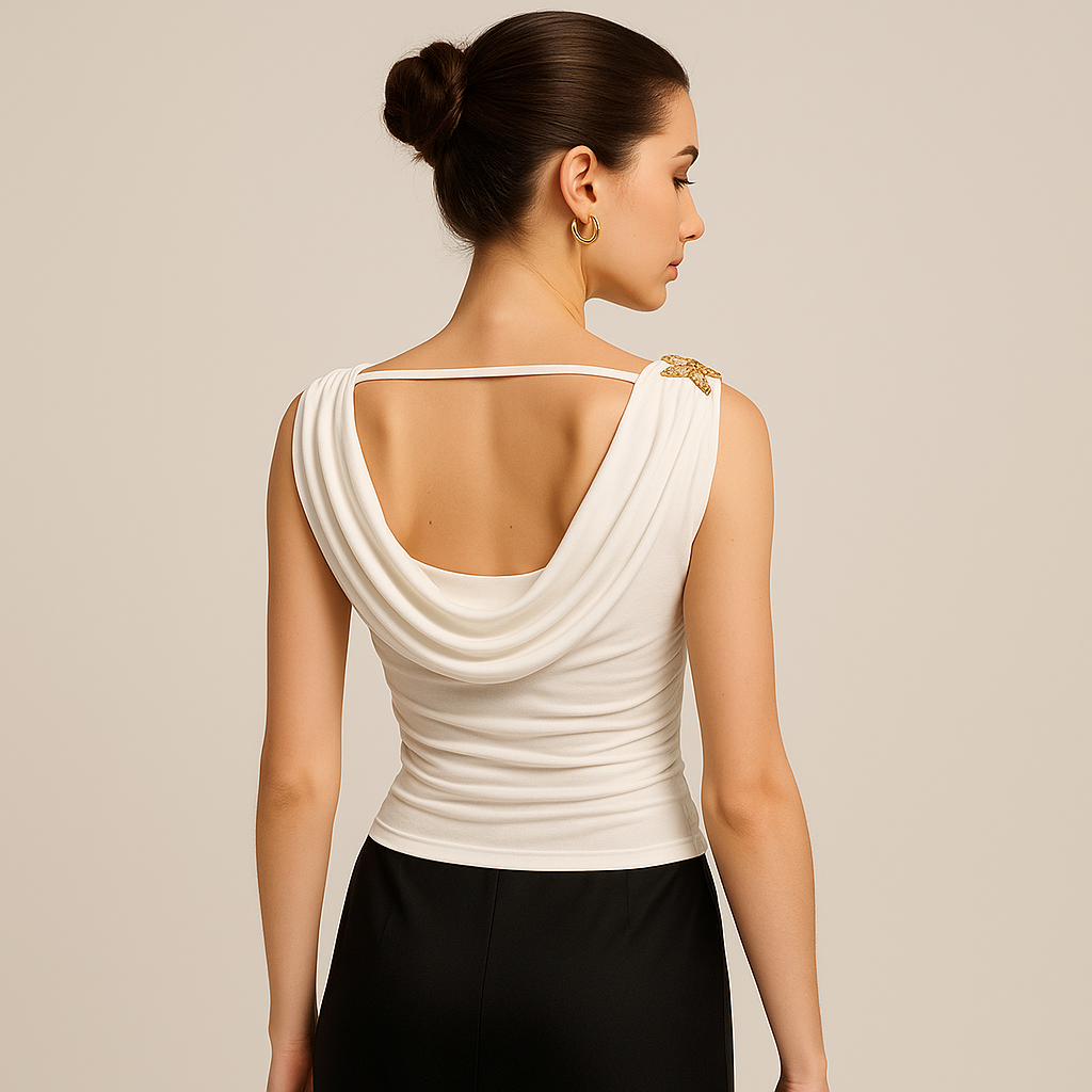 Top Collo Scozzese Drappe | Pin Farfalla Oro | Slim Fit