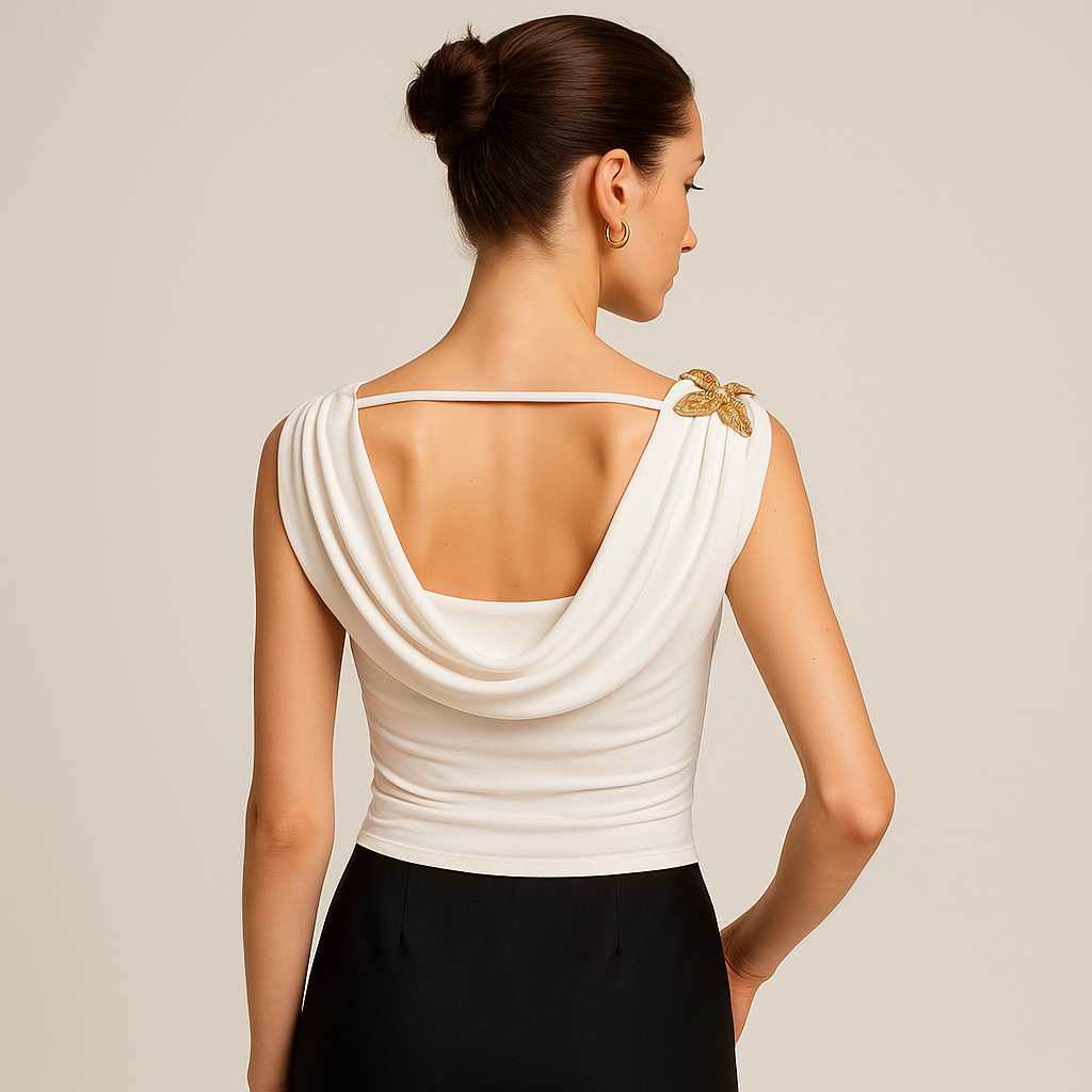 Top Collo Scozzese Drappe | Pin Farfalla Oro | Slim Fit