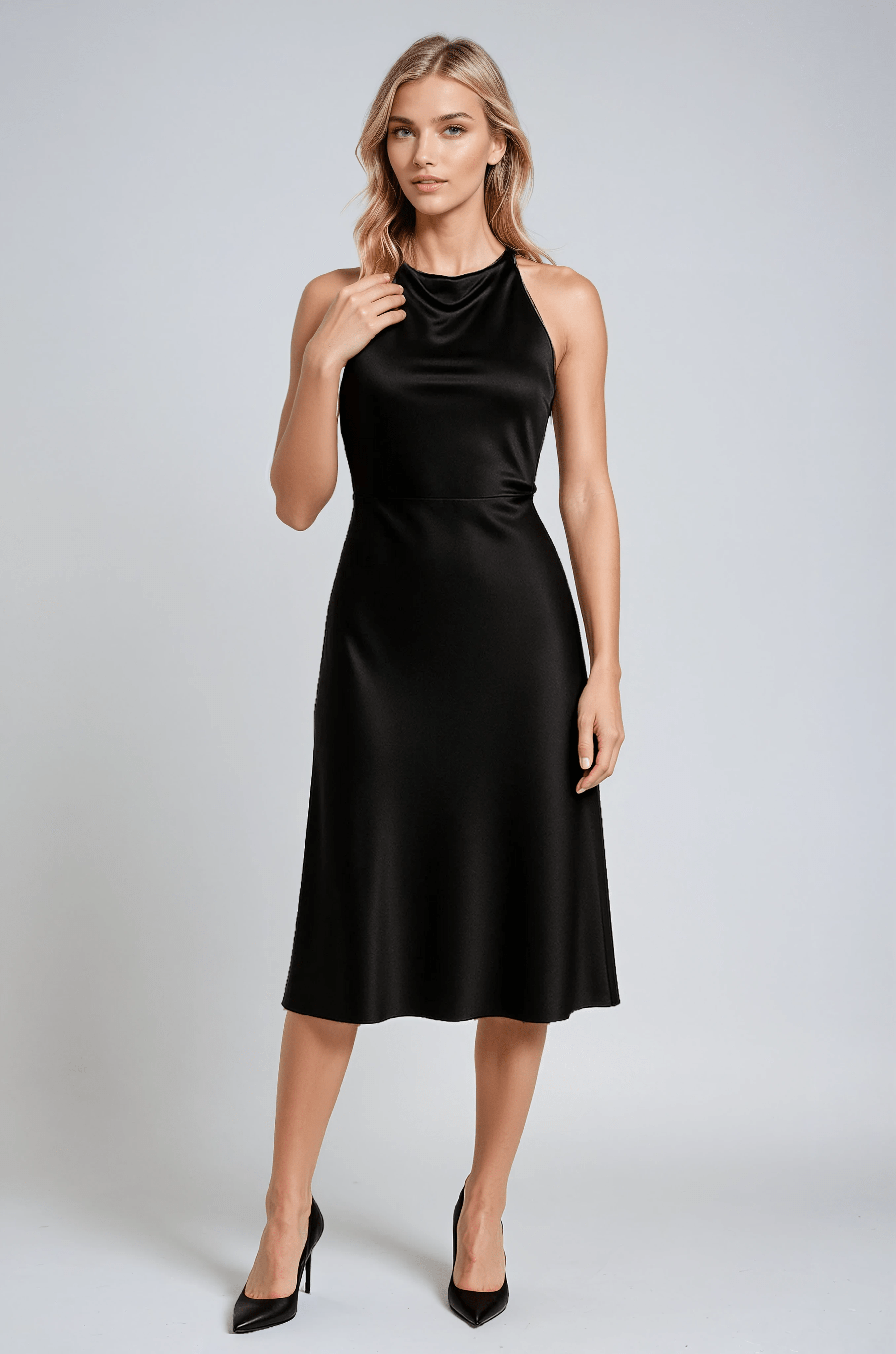 Abito midi satin Ombra senza maniche con scollo drappeggiato