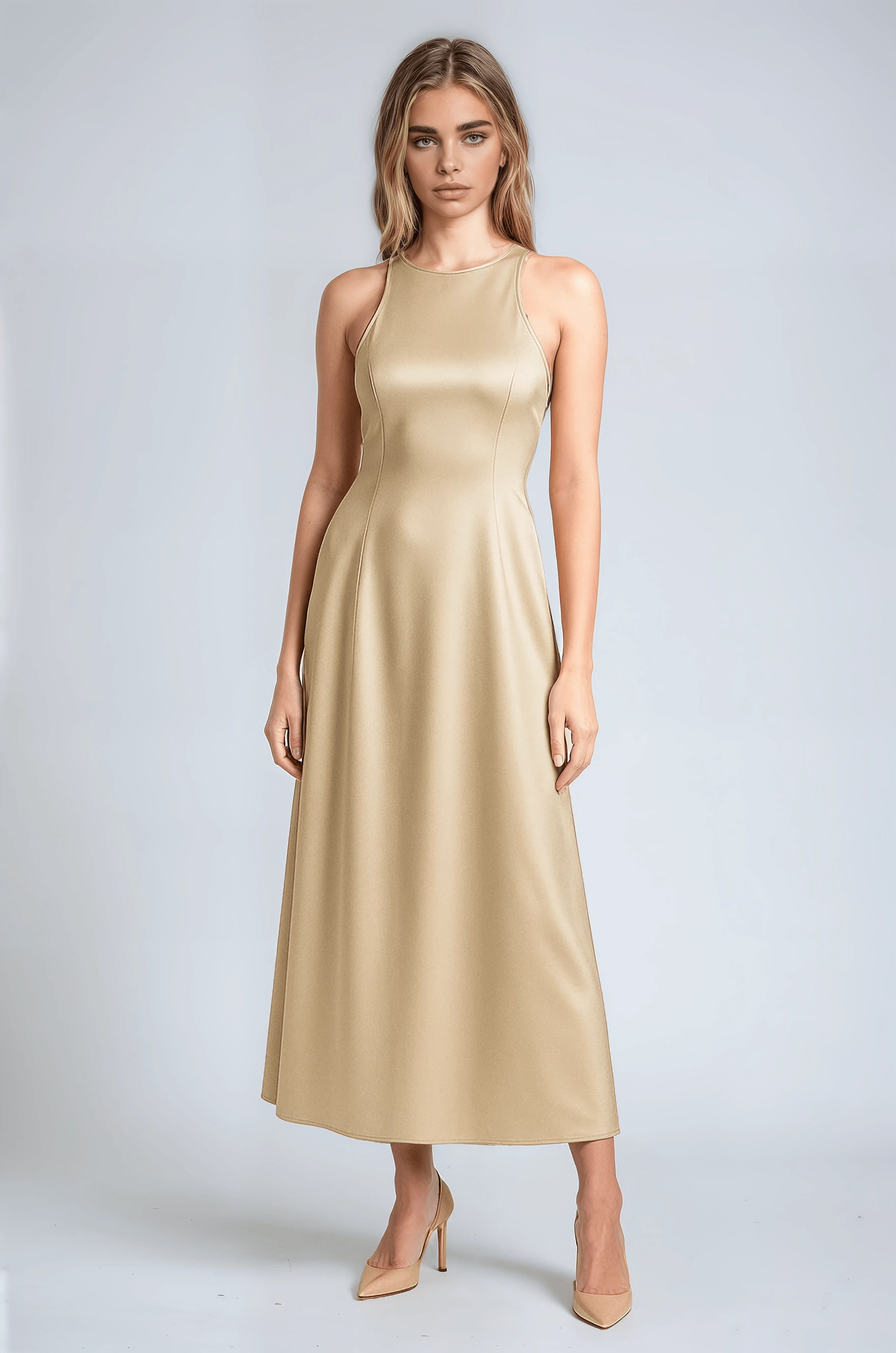 Abito Midi Satin | Senza Maniche Scollo Drappeggiato Fit Ritto