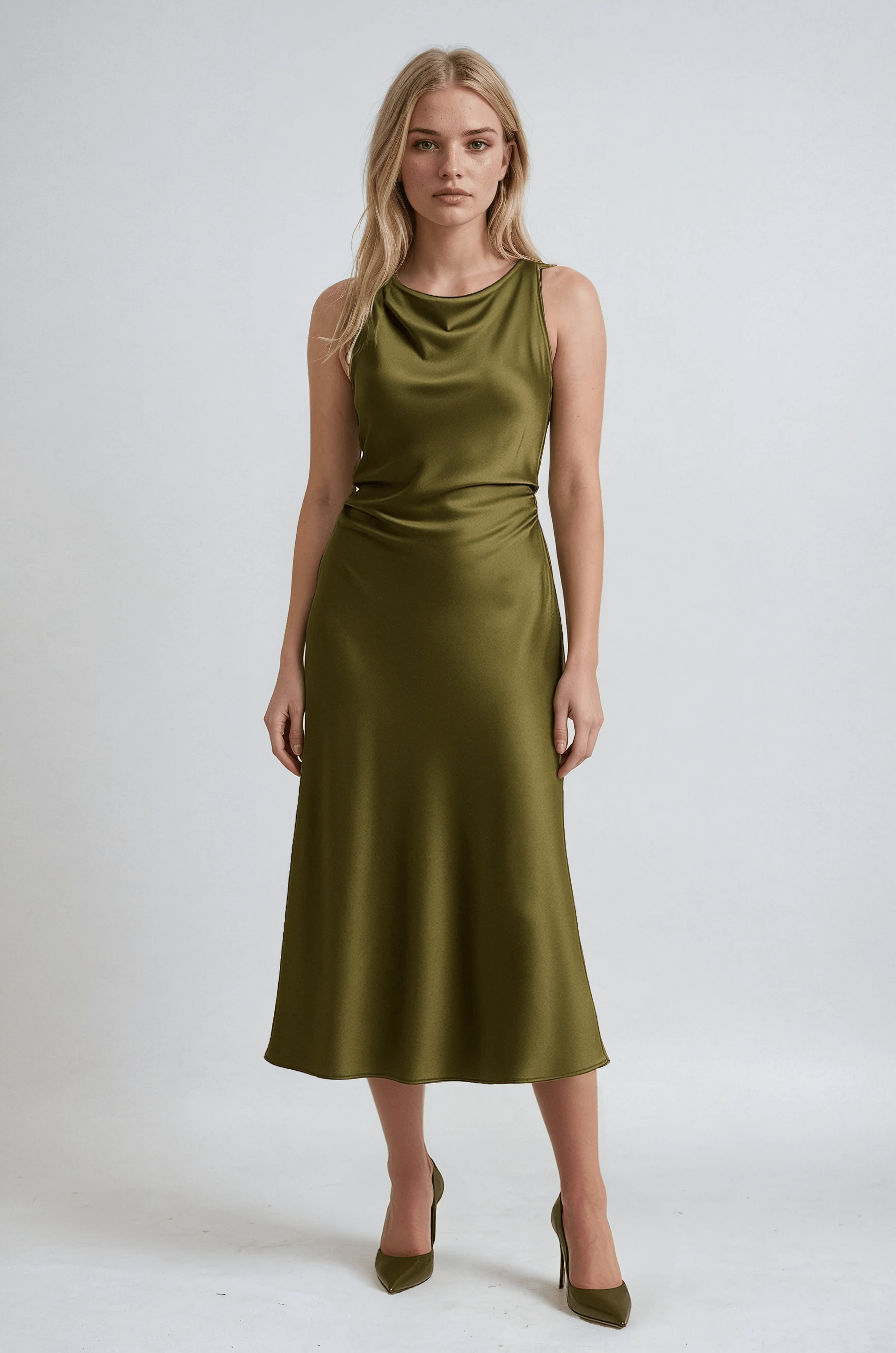 Abito midi satin in oliva senza maniche con scollo drappeggiato