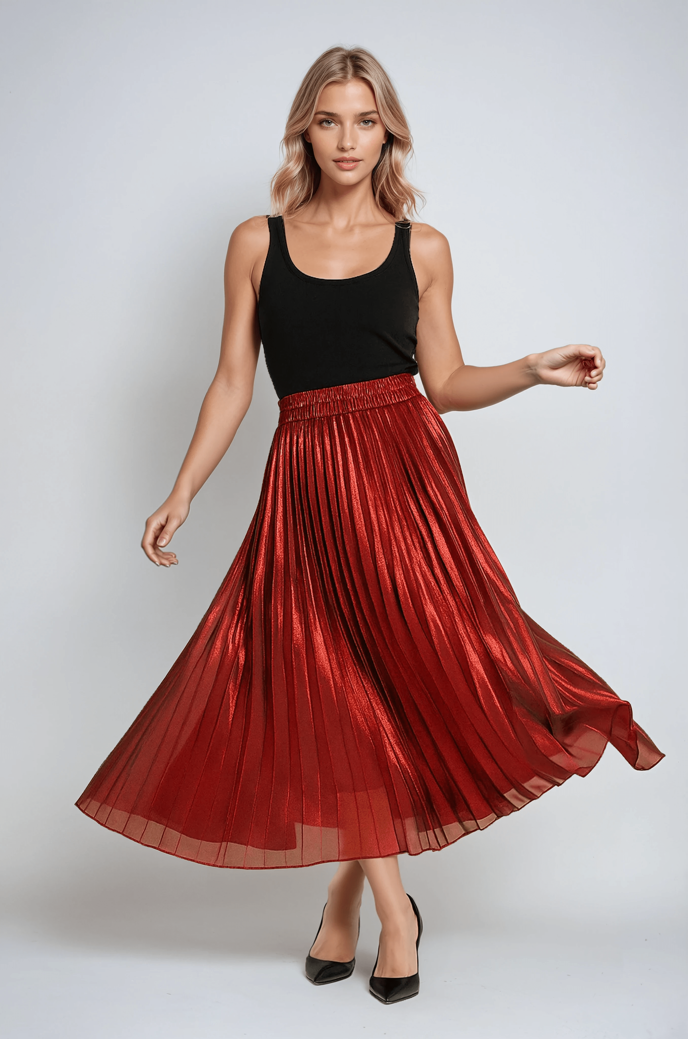 Gonna Maxi Plissettata | Vita Alta Metallic Finish Fluid Silhouette