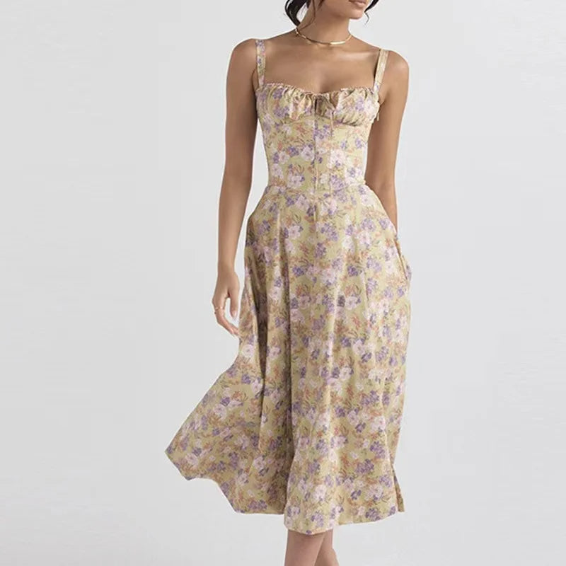 Abito Midi Floreale Corsetto | Scollo a Cuore, Gonna con Spacco, Spaghetti