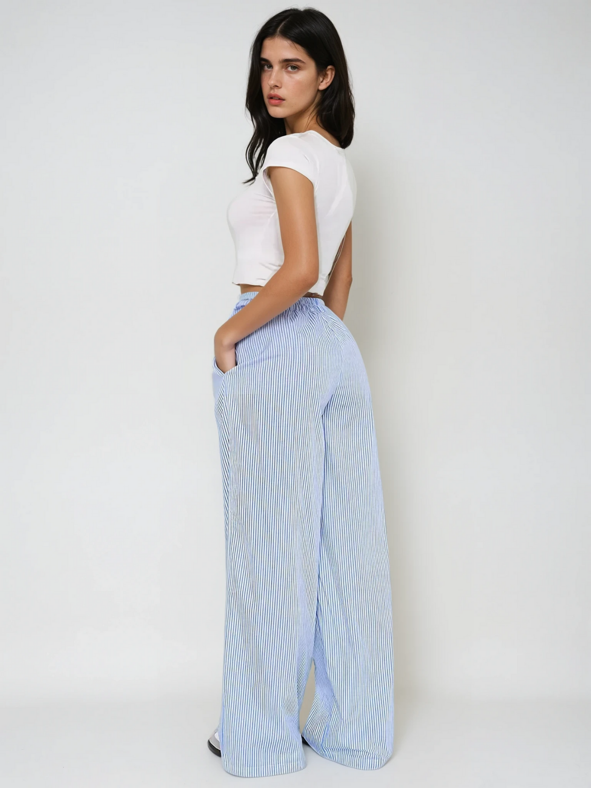 Pantaloni largo a strisce con vita elastica