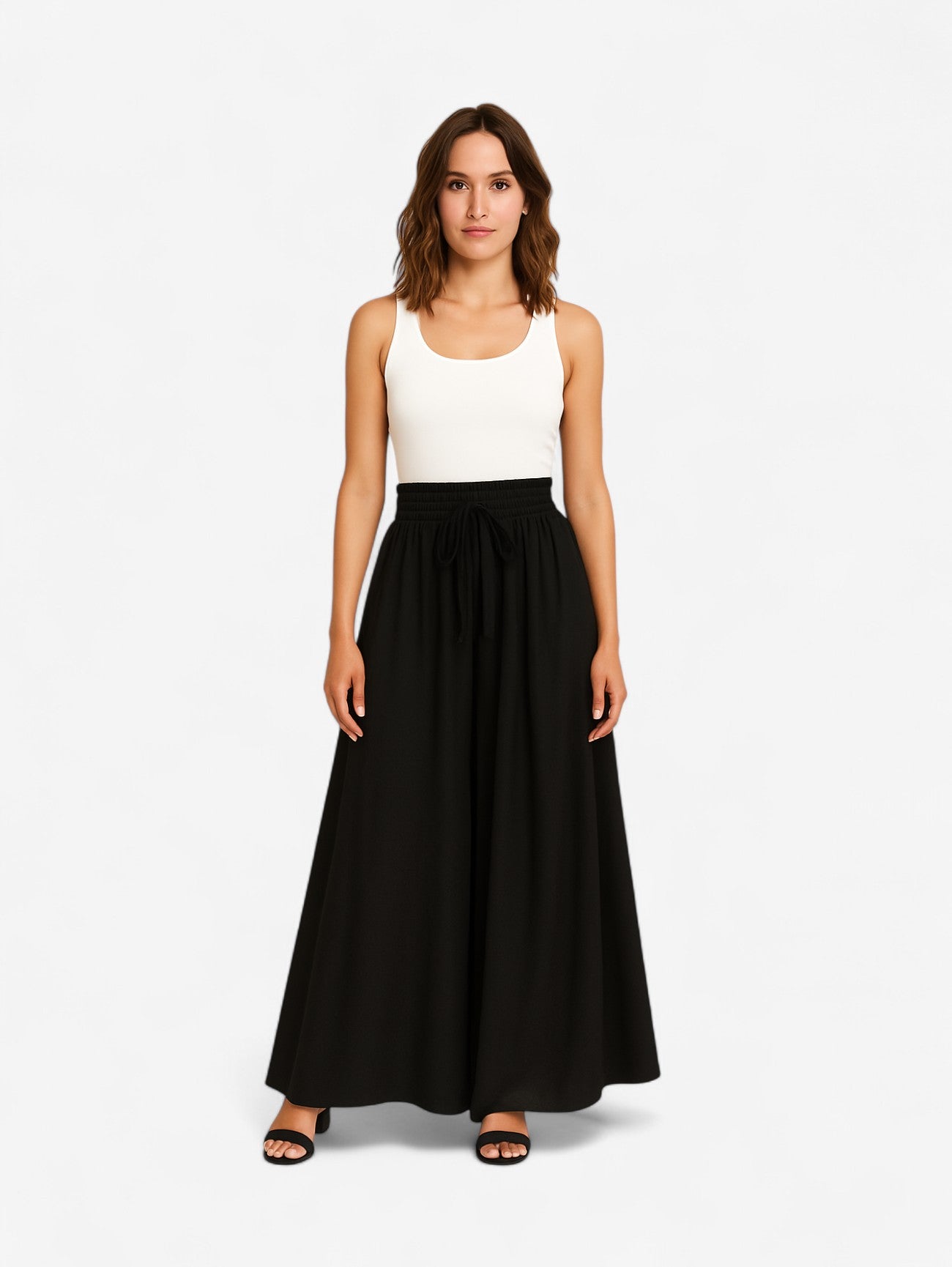 Gonna maxi A-line nera con vita elastica e laccetto