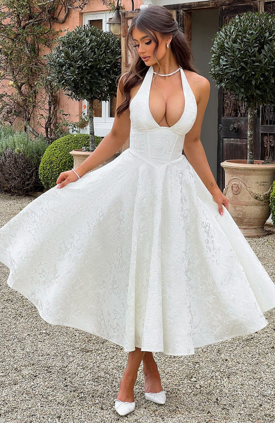 Abito Midi Satinato | Collo alla Halters, Silhouette A-Line
