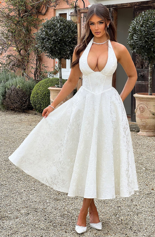 Abito Midi Satinato | Collo alla Halters, Silhouette A-Line
