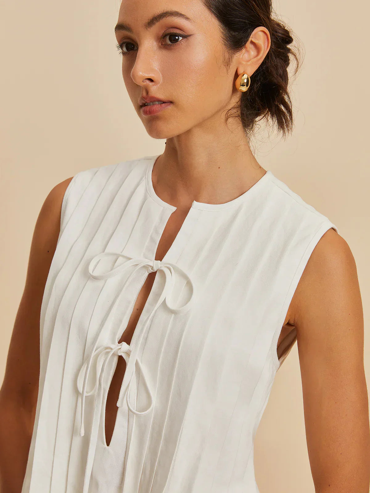 Blusa Senza Maniche con Pleats e Laccetto | Misto Cotone-Lino