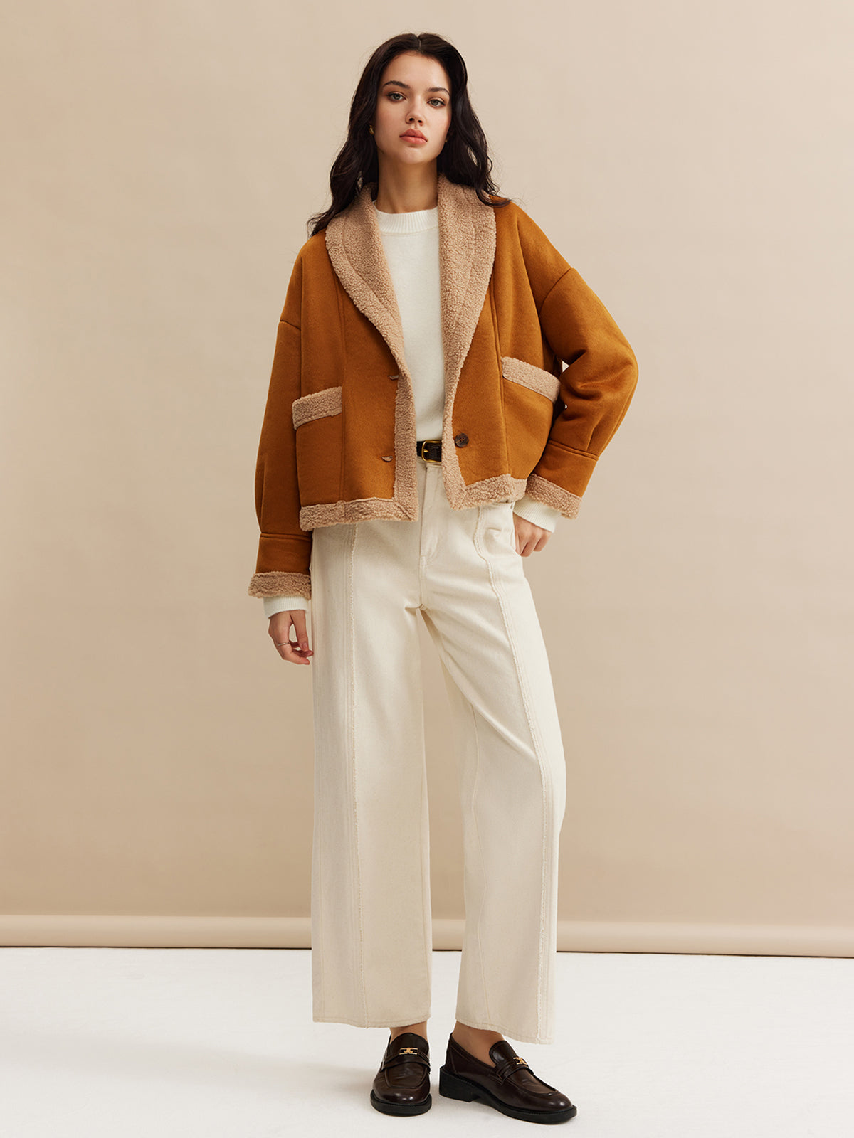 Giacca Essenza Camel a Contrasto con collo pieghevole