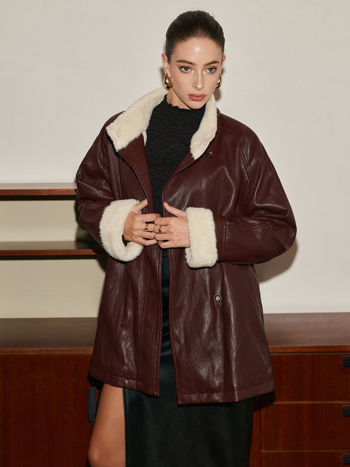 Cappotto Aviatore in Pelle Sintetica | Fodera in Shearling | Cintura