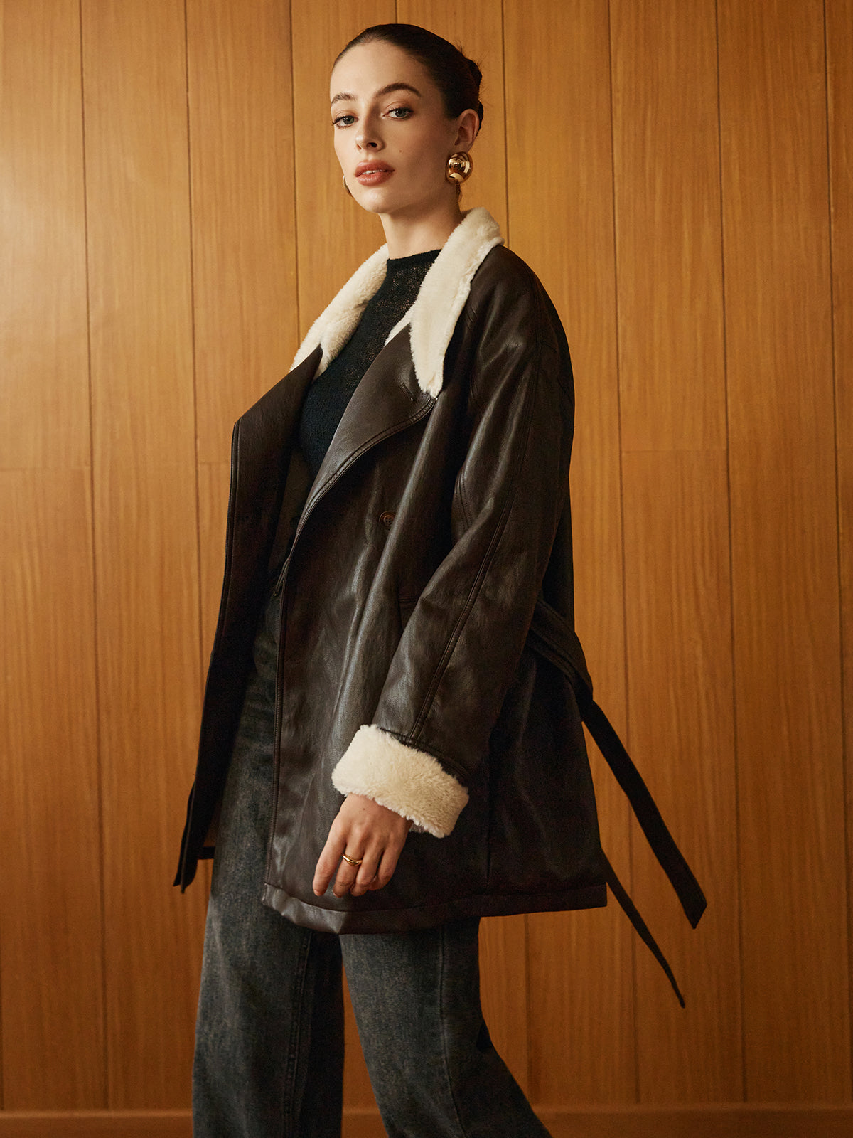 Cappotto Aviatore in Pelle Sintetica | Fodera in Shearling | Cintura