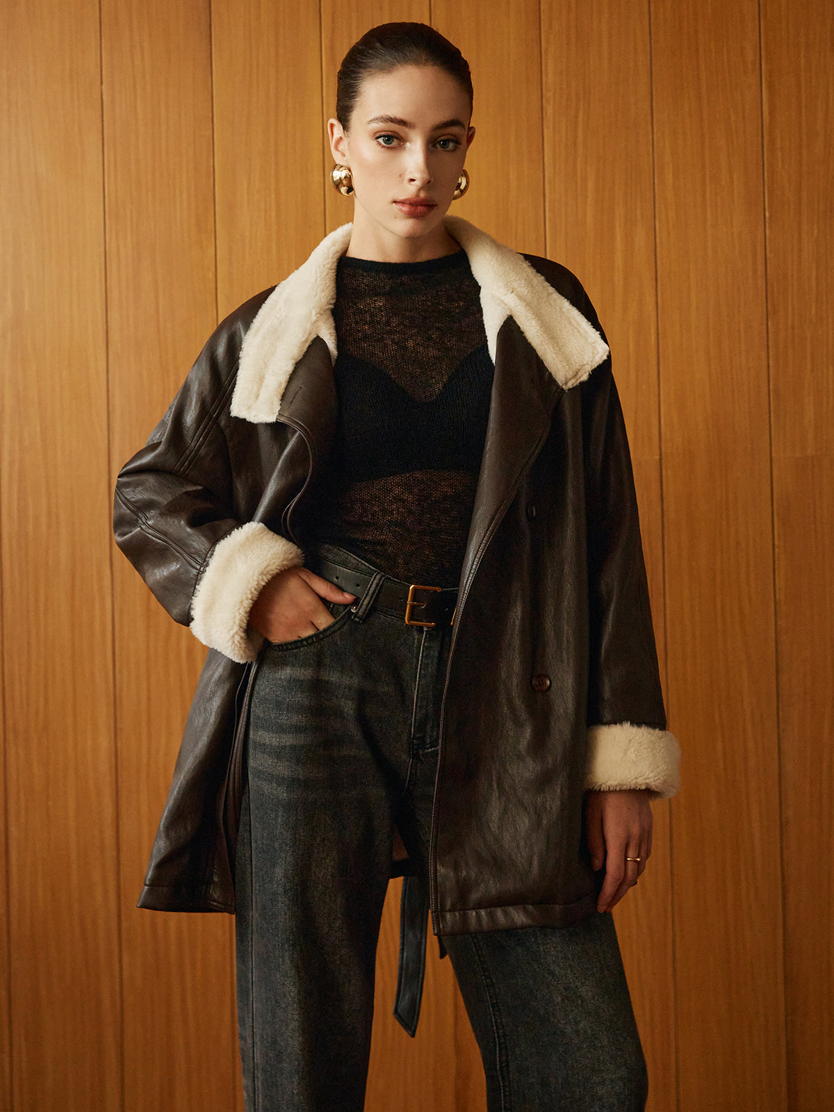 Cappotto Aviatore in Pelle Sintetica | Fodera in Shearling | Cintura