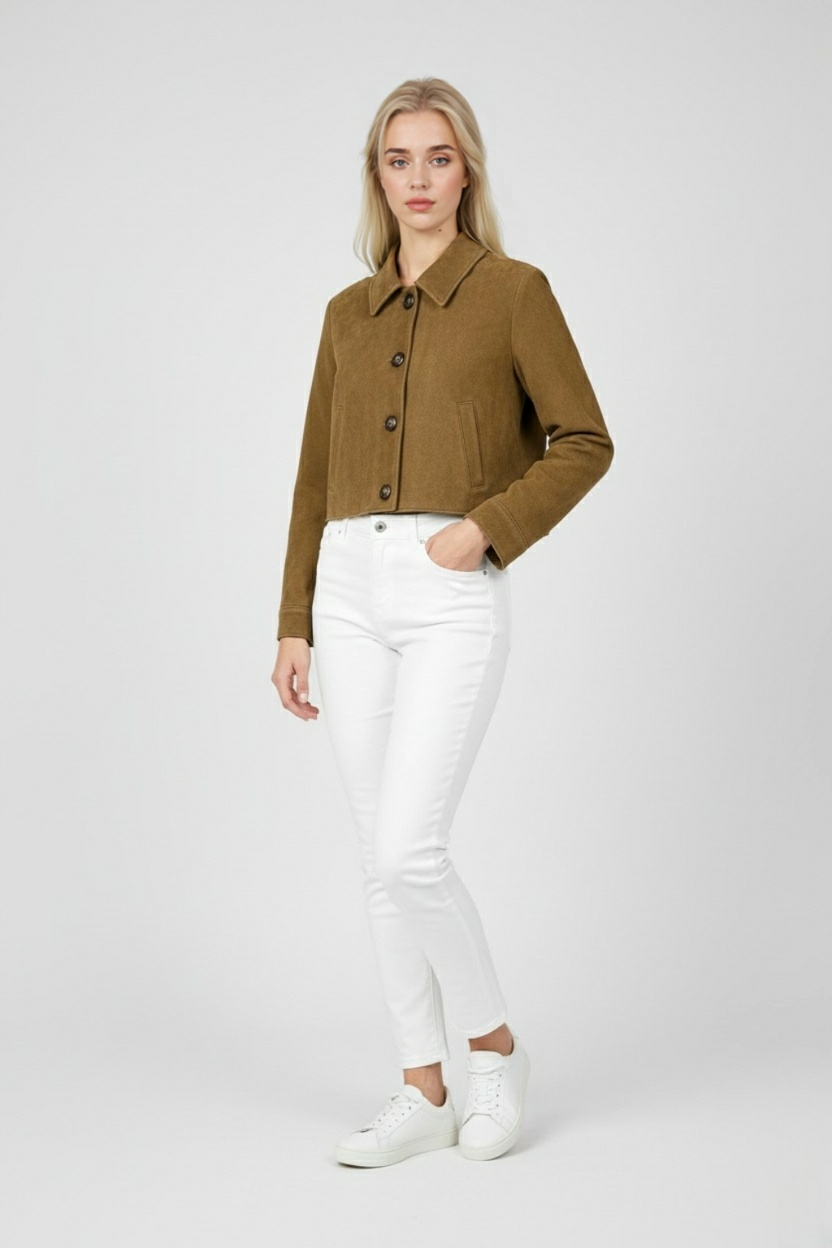 Giacca Cropped Effetto Suede | Bottoni Frontali Collo Ribassato Autunno Inverno