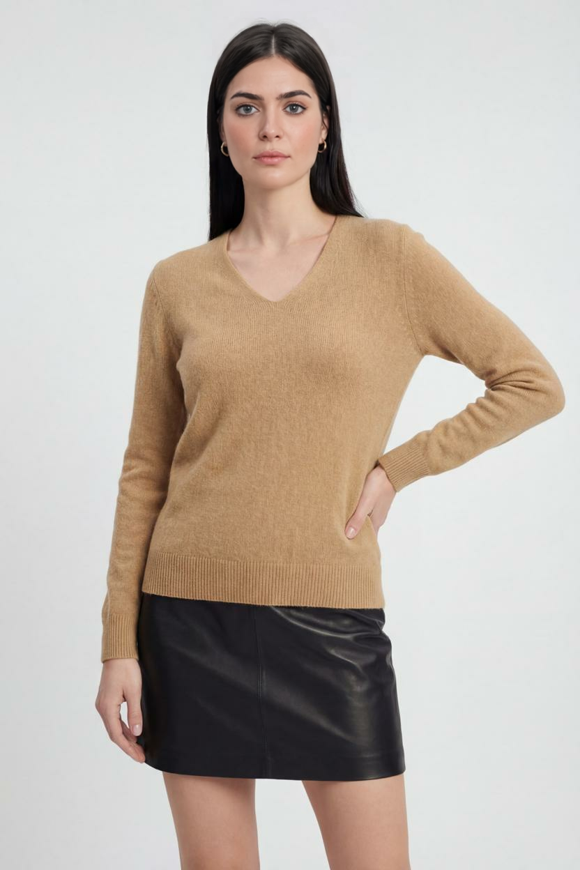 Maglione in Cashmere con Scollo a V | Maglia Lunga, Slim Fit, Finitura Senza Salti
