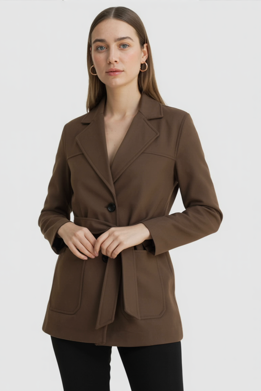Giacca in Pelle Scamosciata con Cintura | Collo a Revers, Tasche a Patch, Vestibilità Regular
