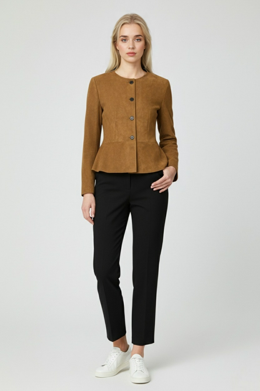 Giacca in pelle suede effetto con collo alla coreana e bottoni frontali