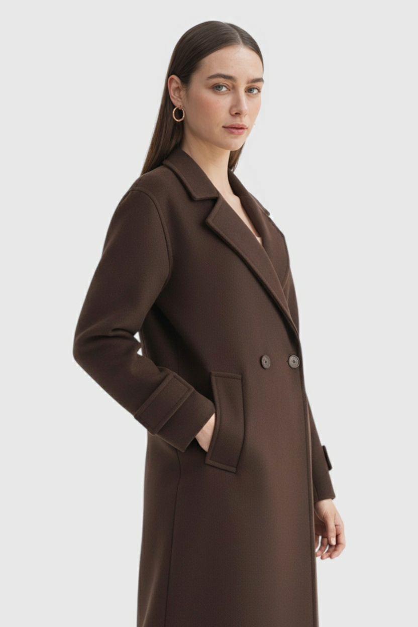 Cappotto Lungo Doppio Petto | Collo Scollo, Vestibilità Regolare, Aspetto Lana Pulita
