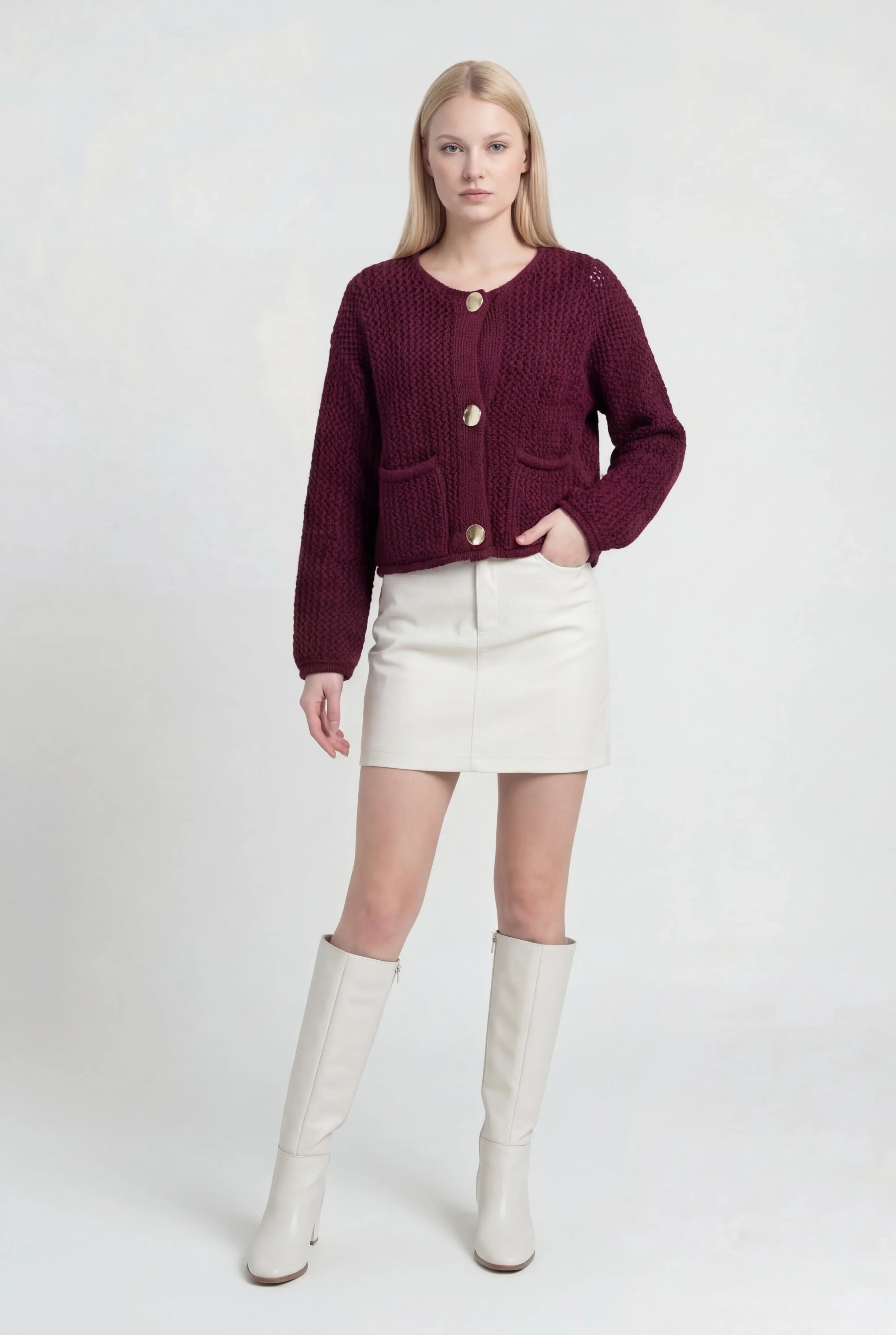 Cardigan Essenza in Maglia Tessuta | Collo Rotondo | Dettaglio Tasche | Fit Regolare
