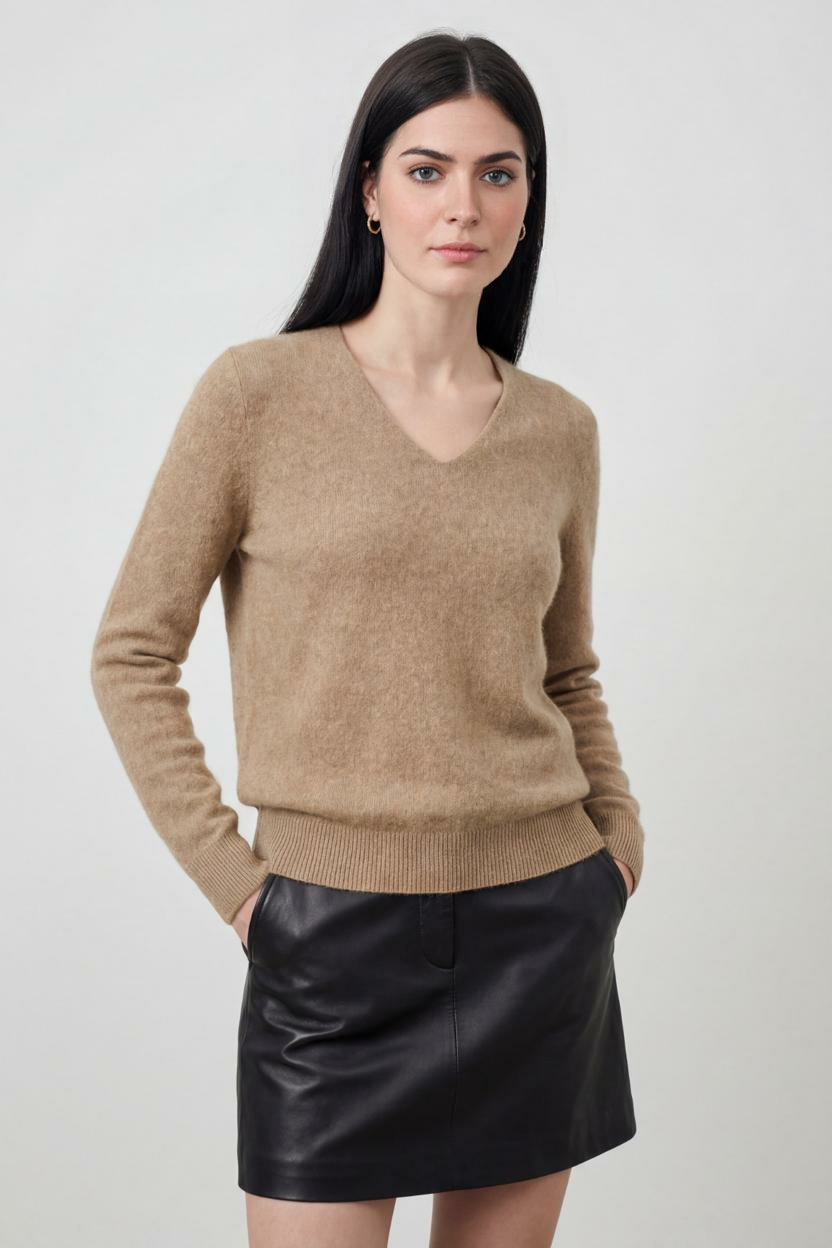 Maglione in Cashmere Scollo a V | Maglia Lunga, Slim Fit, Finitura Senza Giunture