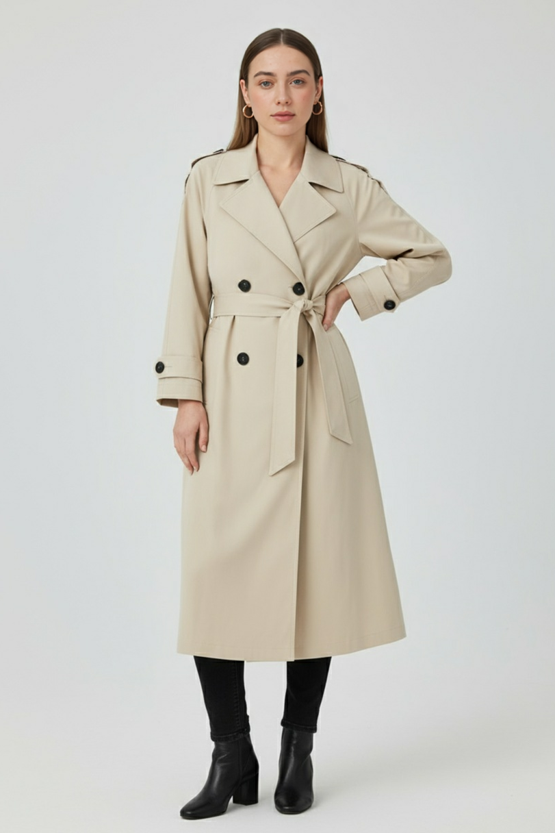Trench coat lungo drappeggiato beige