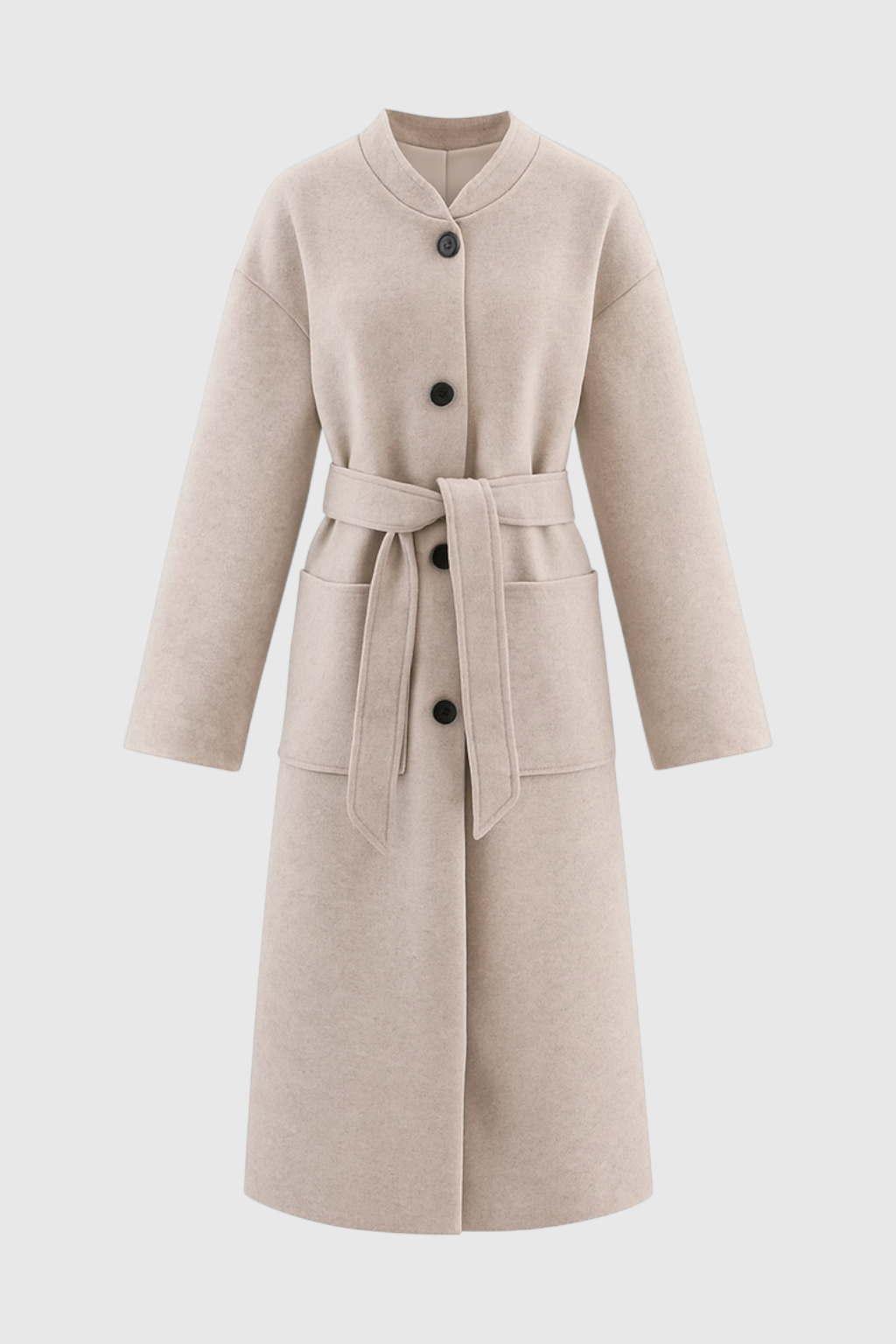 Cappotto Lungo Beltato Senza Collo | Bottoni Singoli, Tasche a Patch, Fit Largo